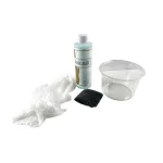 • Complete contents of the All-In-One Brassager Kit showcasing the 8oz bottle, dipping container, steel wool, and gloves on a clean surface.