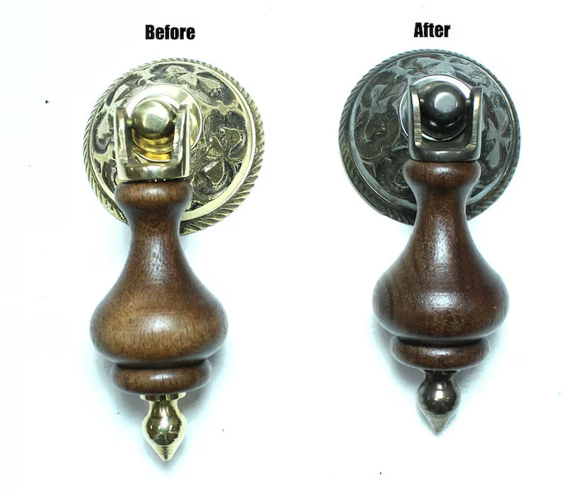 Antique brass hardware before and after darkening with Brassager